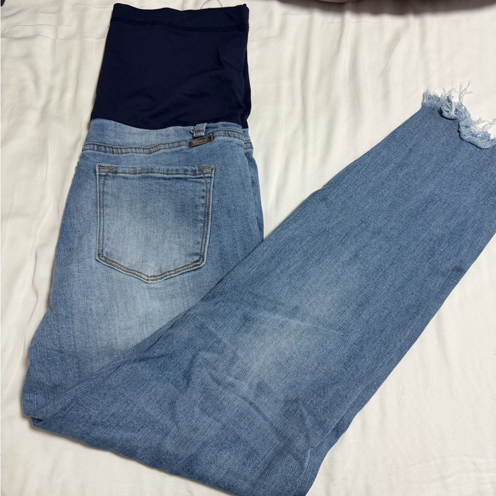 Pinkblush Light Blue Distressed Straight Leg Maternity Jeans with Navy Panel
